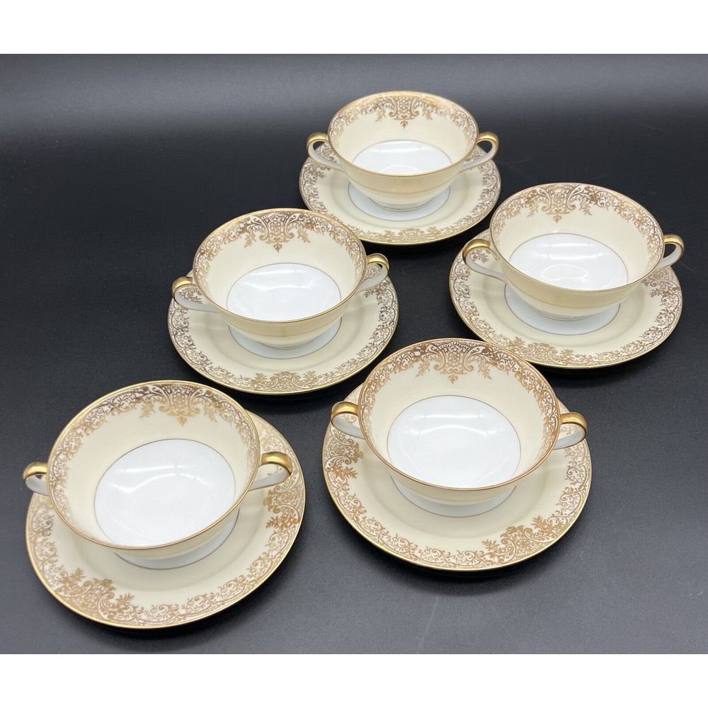 Noritake China Galavan Double Handle Cup And Saucer Set Of 5 Handpainted Japan